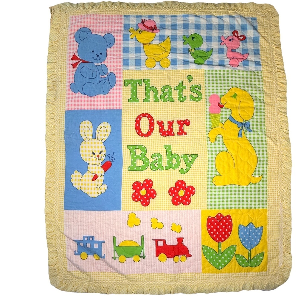 VTG That's Our Baby Crib Quilt Blanket Teddy Bear Bunny Duck Ruffle Trim Nursery